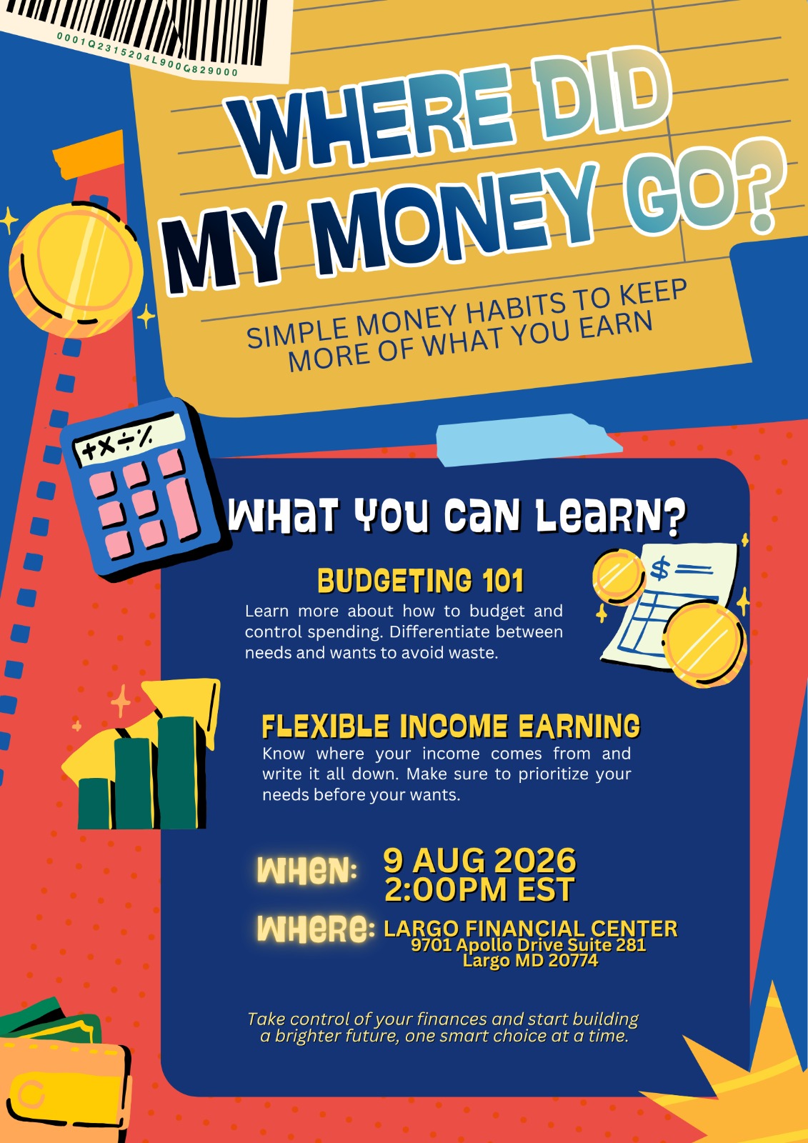 Where Did My Money Go? A free young adults money workshop on Sunday 9 August 2026, 2:00 to 3:00 PM ET at Largo Financial Center